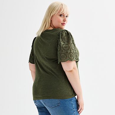 Plus Size Chelsea & Theodore Scoop Neck Short Eyelet Sleeve Top