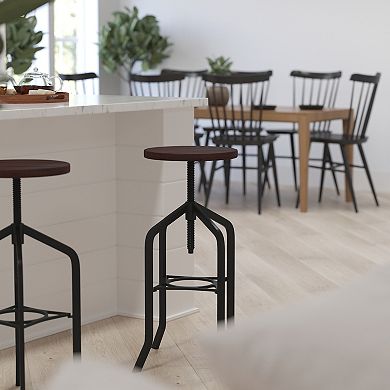 Merrick Lane Bergen 30 Inch Metal And Wood Bar Counter Stool With Adjustable Height Seat And 360° Swivel