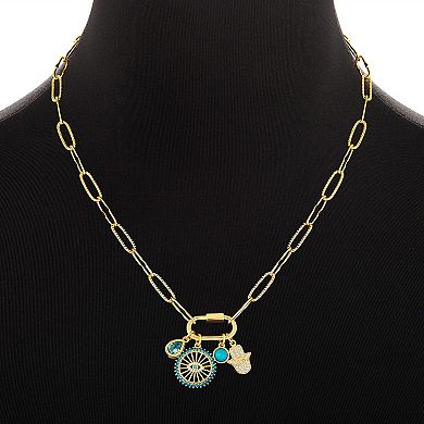 Brilliance 18k Gold Cubic Zirconia and Simulated Turquoise Teardrop, Evil Eye Disc, Round and Hamsa Charm Cluster Necklace