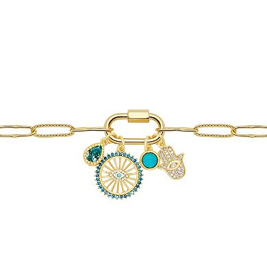 Brilliance 18k Gold Cubic Zirconia and Simulated Turquoise Teardrop, Evil Eye Disc, Round and Hamsa Charm Cluster Necklace