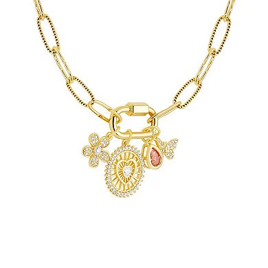Brilliance 18k Gold Cubic Zirconia Flower, Heart Disc, Teardrop and Butterfly Charm Cluster Necklace
