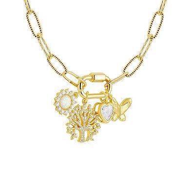 Brilliance 18k Gold Cubic Zirconia and Opal Flower, Family Tree, Heart and Butterfly Charm Cluster Necklace