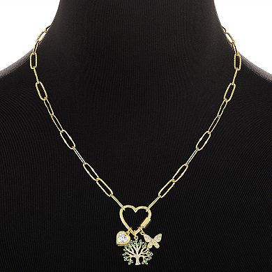 Brilliance 18k Gold Cubic Zirconia Heart, Family Tree and Butterfly Charm Cluster Necklace
