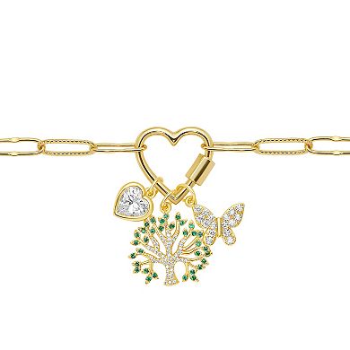 Brilliance 18k Gold Cubic Zirconia Heart, Family Tree and Butterfly Charm Cluster Necklace