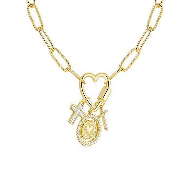 Brilliance 18k Gold Cubic Zirconia Crosses and Heart Disc Charm Cluster Necklace