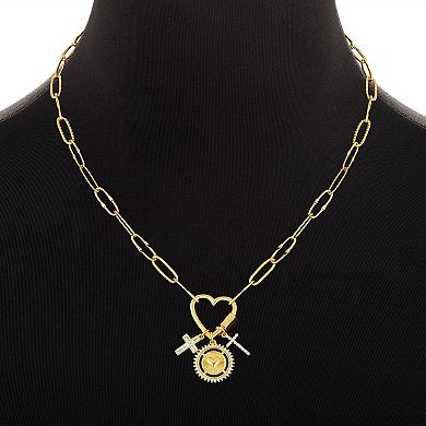 Brilliance 18k Gold Cubic Zirconia Crosses and Heart Disc Charm Cluster Necklace