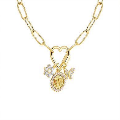 Brilliance 18k Gold Cubic Zirconia Flower, Butterfly Disc and Butterfly Charm Cluster Necklace