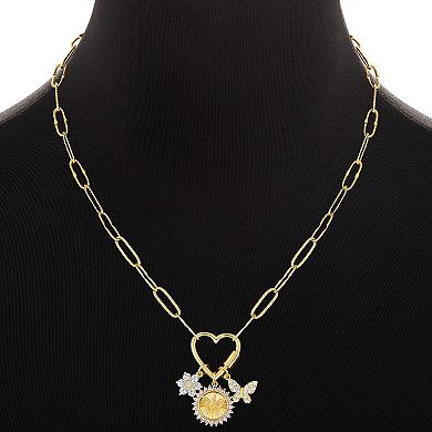 Brilliance 18k Gold Cubic Zirconia Flower, Butterfly Disc and Butterfly Charm Cluster Necklace