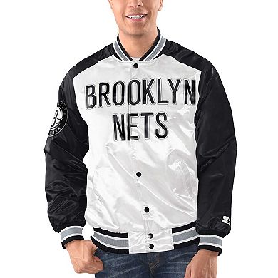 Men's Starter White/Black Brooklyn Nets Renegade Satin Full-Snap Varsity Jacket