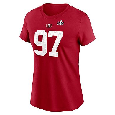 Women's Nike Nick Bosa Scarlet San Francisco 49ers Super Bowl LVIII Patch Player Name & Number T-Shirt