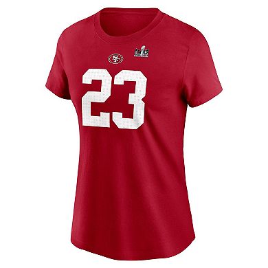 Women's Nike Christian McCaffrey Scarlet San Francisco 49ers Super Bowl LVIII Patch Player Name & Number T-Shirt