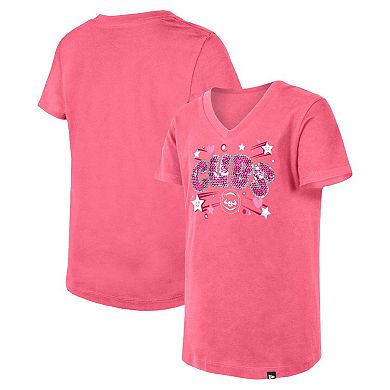 Girls Youth New Era Pink Chicago Cubs Sequin V-Neck T-Shirt