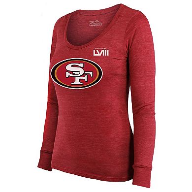 Women's Majestic Threads Brock Purdy Scarlet San Francisco 49ers Super Bowl LVIII Scoop Name & Number Tri-Blend Long Sleeve T-Shirt