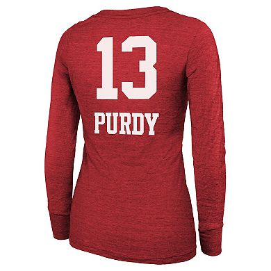 Women's Majestic Threads Brock Purdy Scarlet San Francisco 49ers Super Bowl LVIII Scoop Name & Number Tri-Blend Long Sleeve T-Shirt