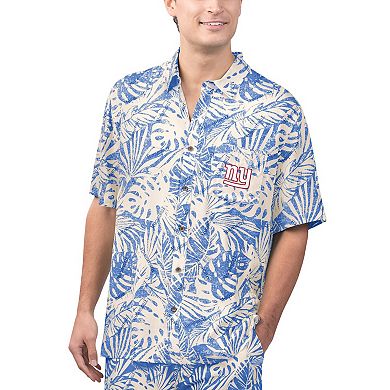Men's Margaritaville Tan New York Giants Sand Washed Monstera Print Party Button-Up Shirt