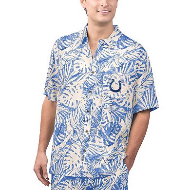 Men's Margaritaville Tan Indianapolis Colts Sand Washed Monstera Print Party Button-Up Shirt