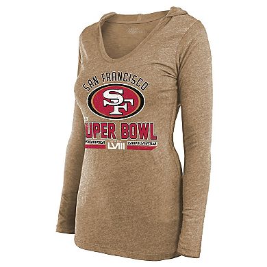 Women's Majestic Threads  Gold San Francisco 49ers Super Bowl LVIII Hard Court Tri-Blend Long Sleeve V-Neck Hoodie T-Shirt