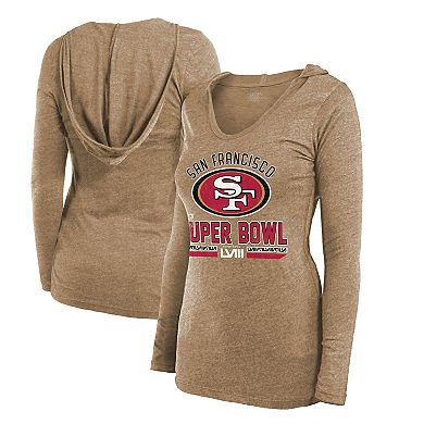Women's Majestic Threads  Gold San Francisco 49ers Super Bowl LVIII Hard Court Tri-Blend Long Sleeve V-Neck Hoodie T-Shirt