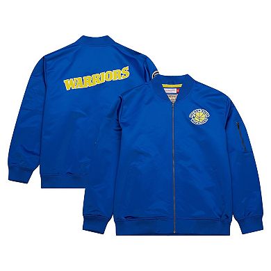 Men's Mitchell & Ness Royal Golden State Warriors Hardwood Classics Vintage Logo Full-Zip Bomber Jacket