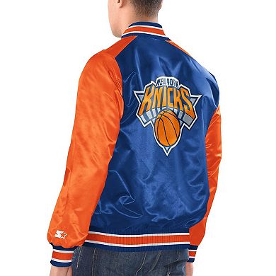 Men's Starter Blue/Orange New York Knicks Renegade Satin Full-Snap Varsity Jacket