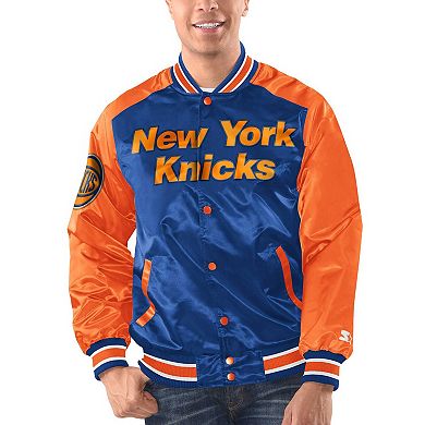 Men's Starter Blue/Orange New York Knicks Renegade Satin Full-Snap Varsity Jacket