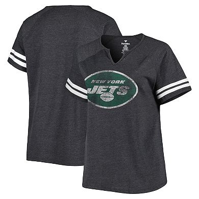 Women's Fanatics Heather Charcoal New York Jets Plus Size Raglan Notch Neck T-Shirt