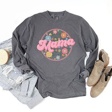 Mama Flowers Circle Garment Dyed  Long Sleeve Tees