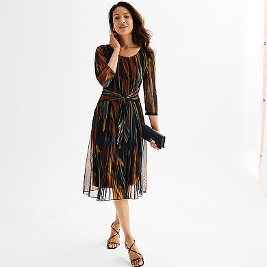 Women's Connected Apparel Tie Front Printed Mesh Dress