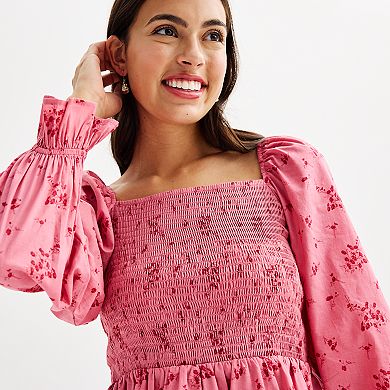 Juniors' Dizzy Lizzy Long Sleeve Balloon Sleeve Smocked Blouse