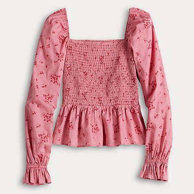 Juniors' Dizzy Lizzy Long Sleeve Balloon Sleeve Smocked Blouse