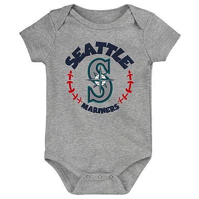 Newborn & Infant Aqua/White/Heather Gray Seattle Mariners Biggest Little Fan 3-Pack Bodysuit Set