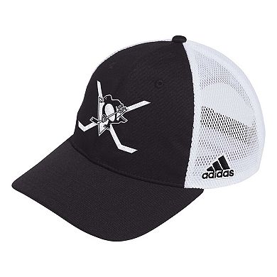 Men's adidas Black/White Pittsburgh Penguins Cross Sticks Trucker Adjustable Hat