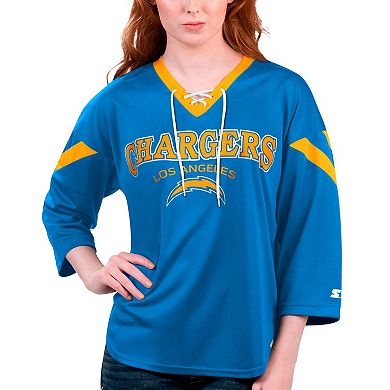 Women's Starter Powder Blue Los Angeles Chargers Rally Lace-Up 3/4 Sleeve T-Shirt