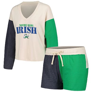 Women's Wes & Willy Cream Notre Dame Fighting Irish Colorblock Tri-Blend Long Sleeve V-Neck T-Shirt & Shorts Sleep Set