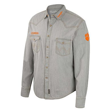 Men's Colosseum x Wrangler Gray Clemson Tigers Cowboy Cut Western Full-Snap Long Sleeve Shirt