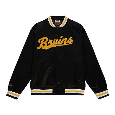 Men's Mitchell & Ness Black Boston Bruins 100th Anniversary Satin Raglan Full-Snap Jacket