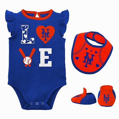 Newborn & Infant Royal/Orange New York Mets Three-Piece Love of Baseball Bib Bodysuit & Booties Set