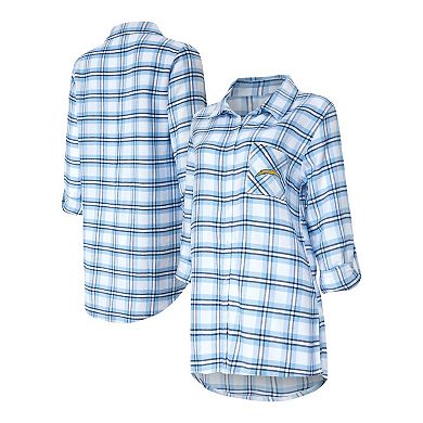 Women's Concepts Sport Powder Blue Los Angeles Chargers Sienna Plaid Full-Button Long Sleeve Nightshirt