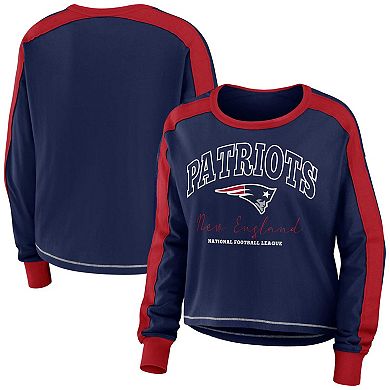 Women's WEAR by Erin Andrews Navy/Red New England Patriots Color Block Modest Crop Long Sleeve T-Shirt