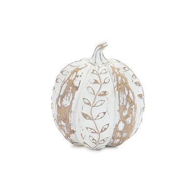 White Washed Wood Design Pumpkin With Leaf Pattern (set Of 3)