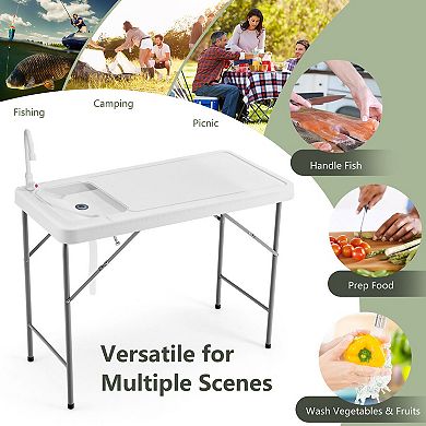 Folding Fish Cleaning Table with Sink and Faucet for Dock Picnic