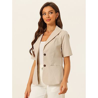 Cotton Linen Blazer For Women's Office Business Short Sleeve Notched Lapel Blazer Jacket