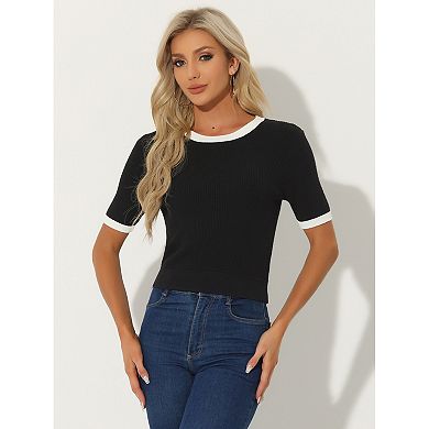 Women's Casual Short Sleeve Crewneck Color Block Knitted Tops Slim Fit T Shirt