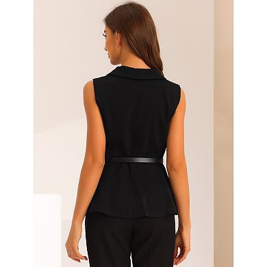 Office Blazer Vest For Women's Lapel Collar Button Down Belted Sleeveless Jacket