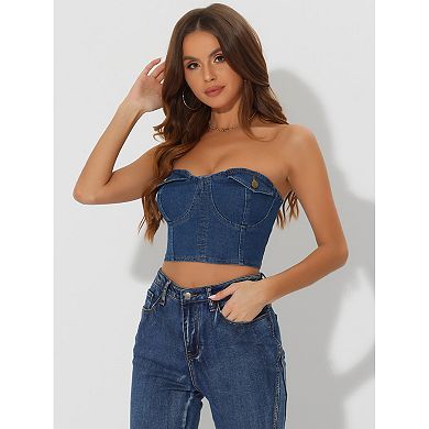 Denim Tops For Women Button Front Smock Back Tank Cami Strapless Crop Tops