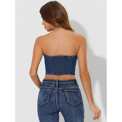 Denim Tops For Women Button Front Smock Back Tank Cami Strapless Crop Tops