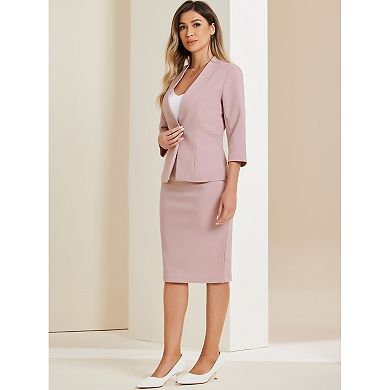 Business Skirt Suit Set For Women's 2 Piece Office Work Outfit Collarless Blazer Pencil Skirt