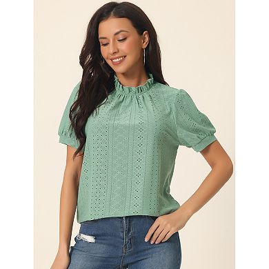 Women's Puff Sleeve Eyelet Tops Back Button Down Dressy Casual Ruffle Neck Blouses Summer T Shirts