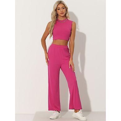 Sleeveless 2pc Outfit For Women's Crop Tank Top And Wide Leg Pants Casual Tracksuit Set