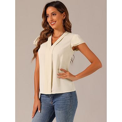 Summer Office Tops For Women V-neck Solid Color Casual Chiffon Ruffle Sleeve Blouse